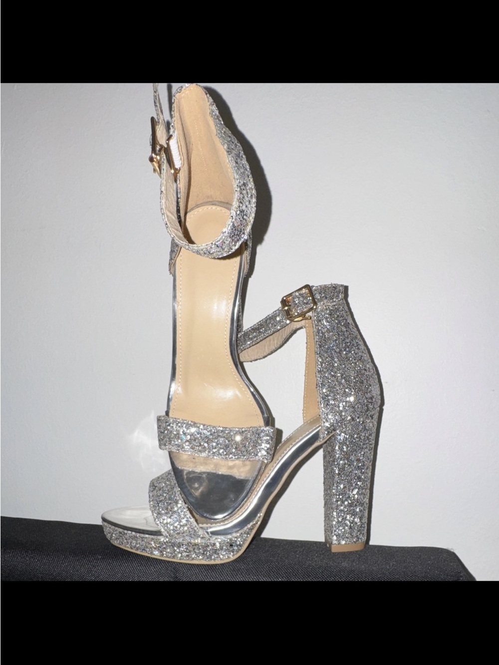 Glitter Block Heel Sandals with Ankle Strap - Silver